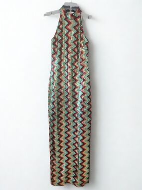 Sequin Chevron Halter Maxi Dress in Mint Red Black & Gold Juniors Size Small